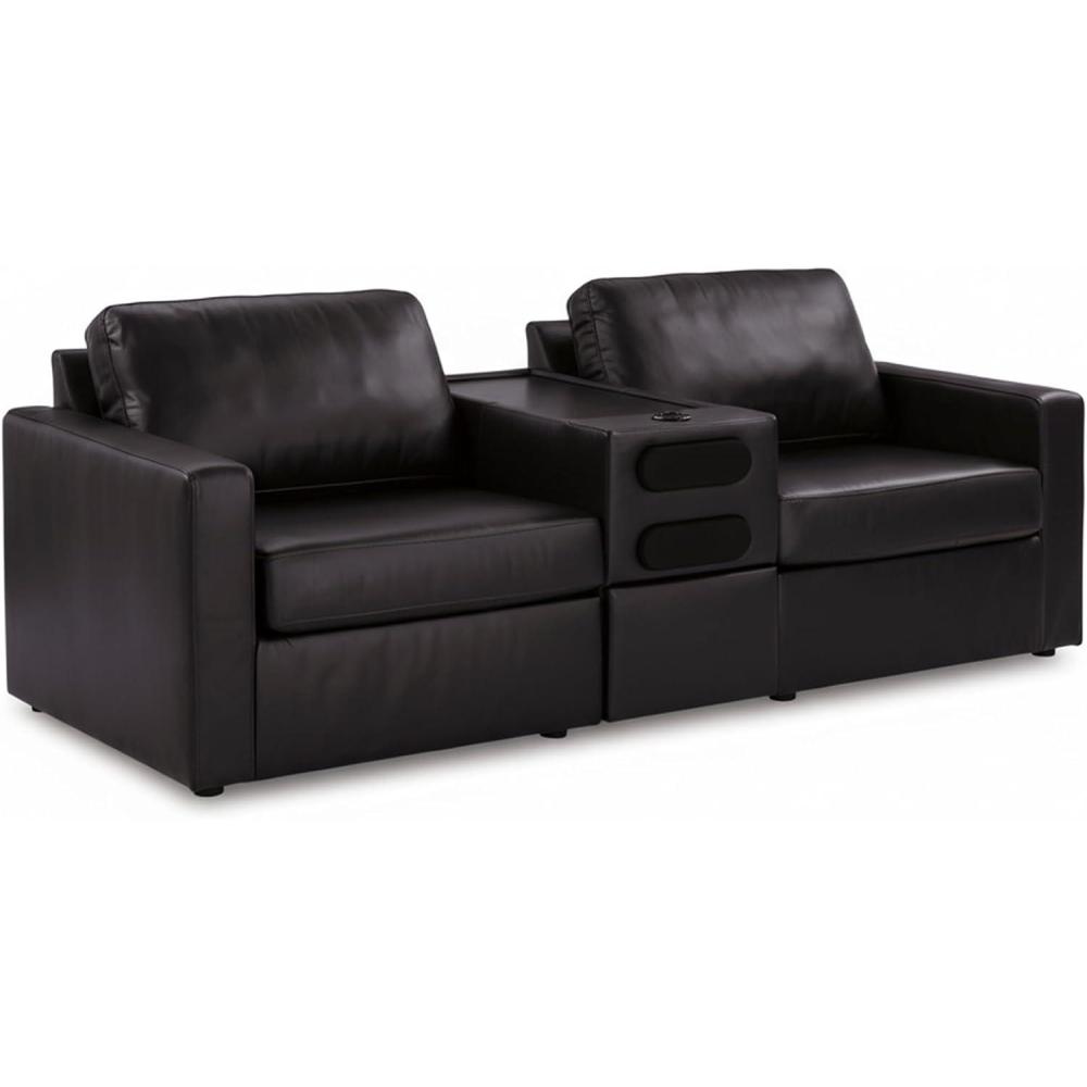 imageSignature Design by Ashley Modmax II Sectional Loveseat with Audio Console Modular Design Top Grain Leather Seating Small Living Room Sectionals for Entertainment Black