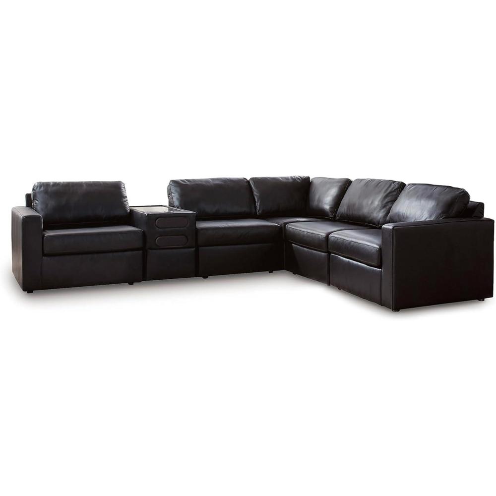 imageSignature Design by Ashley Modmax II Sectional Sofa with Audio Console Modular Design Top Grain Leather Seating Contemporary Living Room Sectionals for Entertainment Black