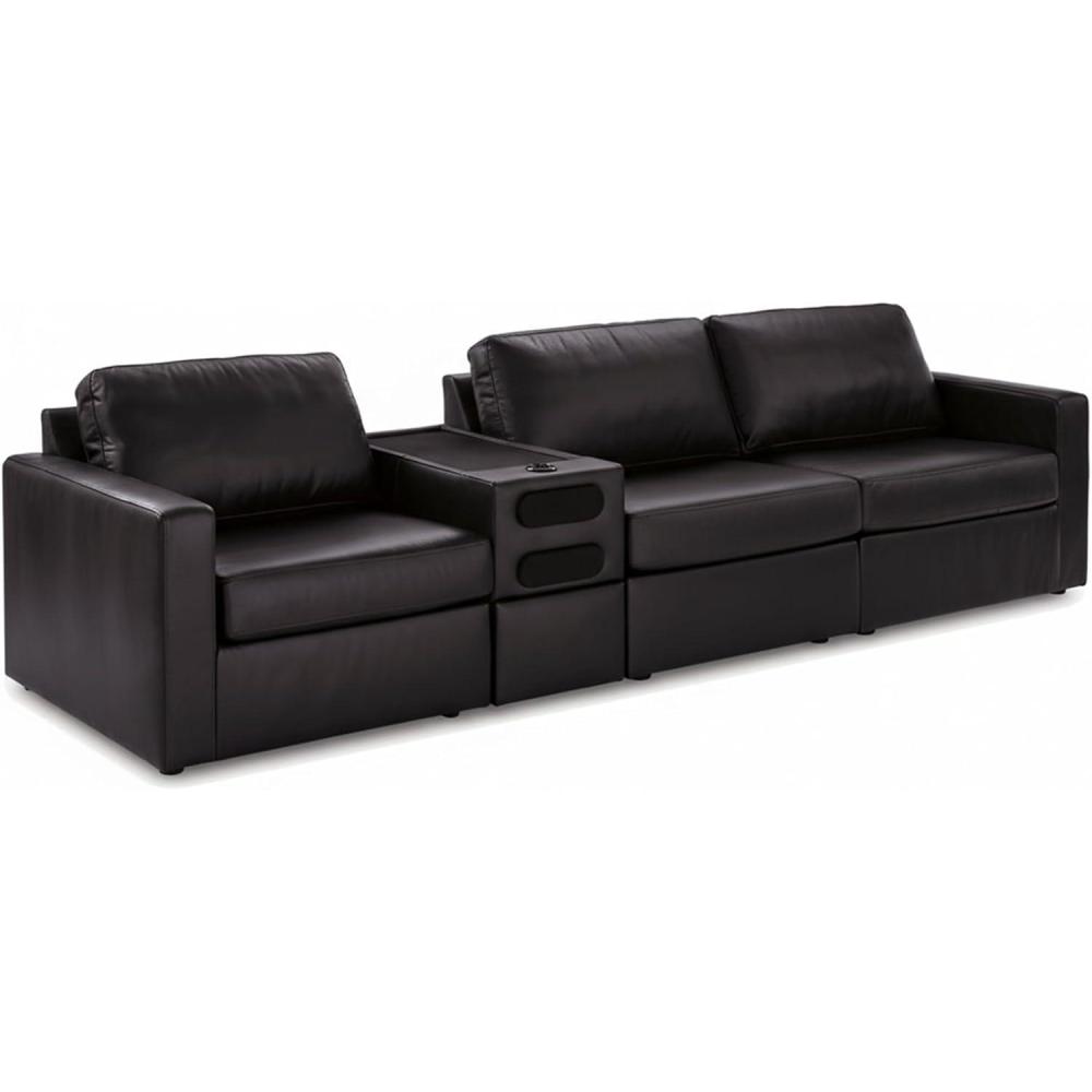 imageSignature Design by Ashley Modmax II Sectional Sofa with Audio Console Modular Design Top Grain Leather Seating Contemporary Sectional for Living Room Entertainment Black