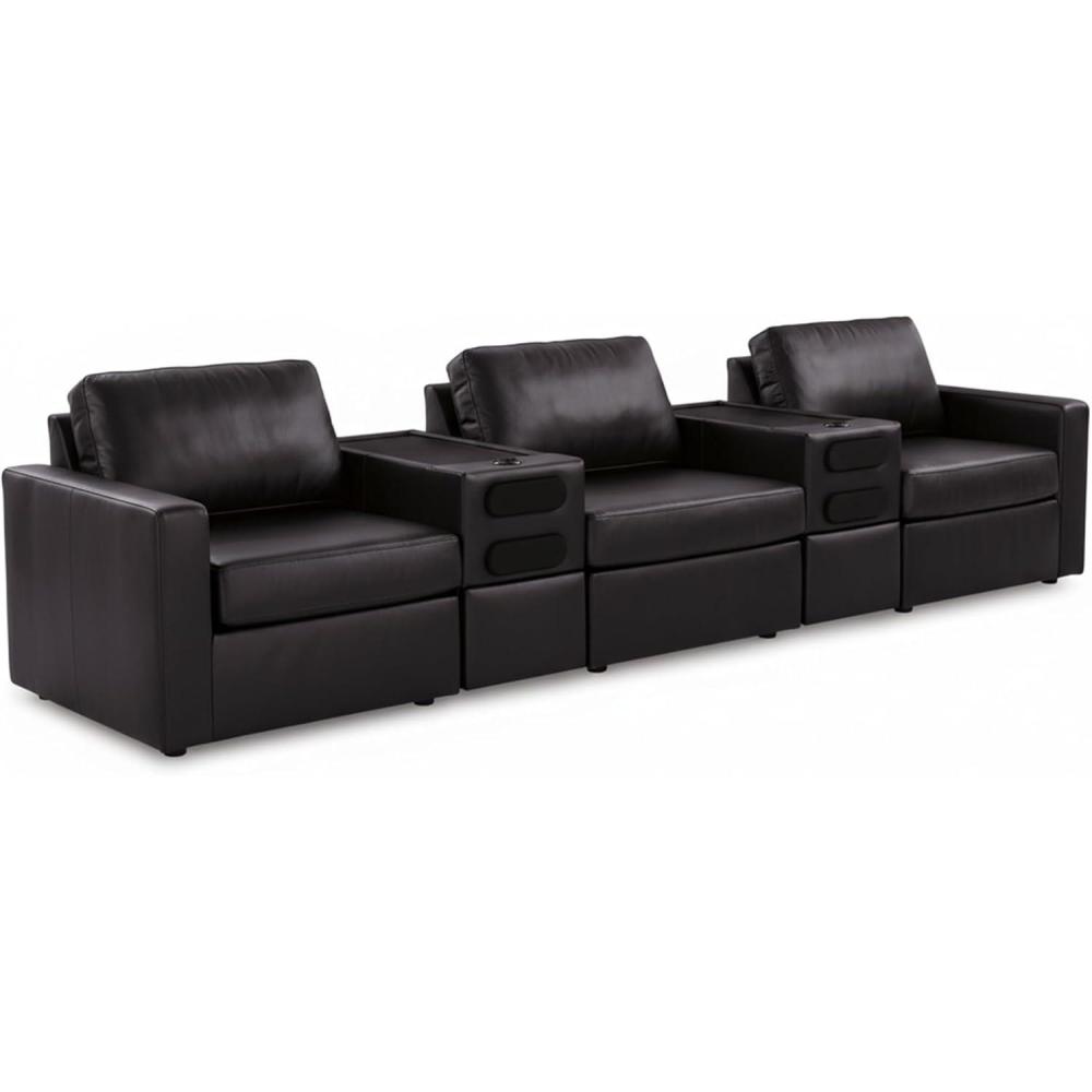 imageSignature Design by Ashley Modmax II Sectional Sofa with Audio Consoles Modular Design Top Grain Leather Seating Contemporary Living Room Sectionals for Entertainment Black