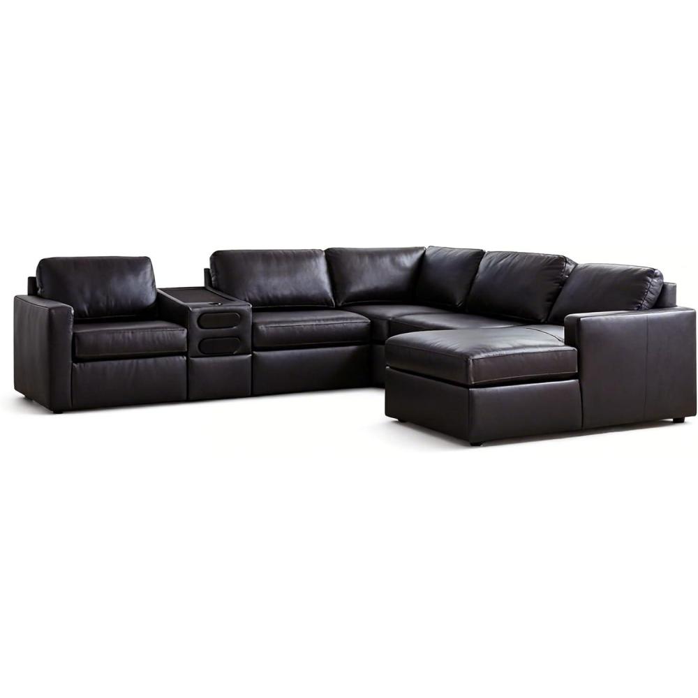 imageSignature Design by Ashley Modmax II Sectional Sofa with Chaise and Audio Console Modular Design Sectionals for Living Room Top Grain Leather Seating for Home Entertainment Black