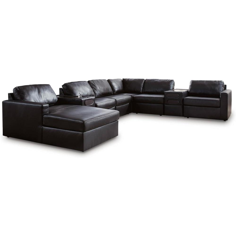 imageSignature Design by Ashley Modmax II Sectional Sofa with Chaise and Audio Consoles Modular Design Top Grain Leather Seating Sectionals for Living Room Entertainment Black