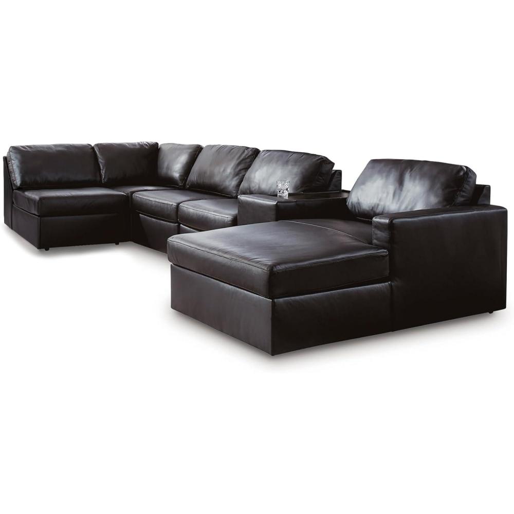imageSignature Design by Ashley Modmax II Sectional Sofa with Chaise and Storage Console Modular Design Top Grain Leather Seating Contemporary Living Room Sectionals for Lounging Black
