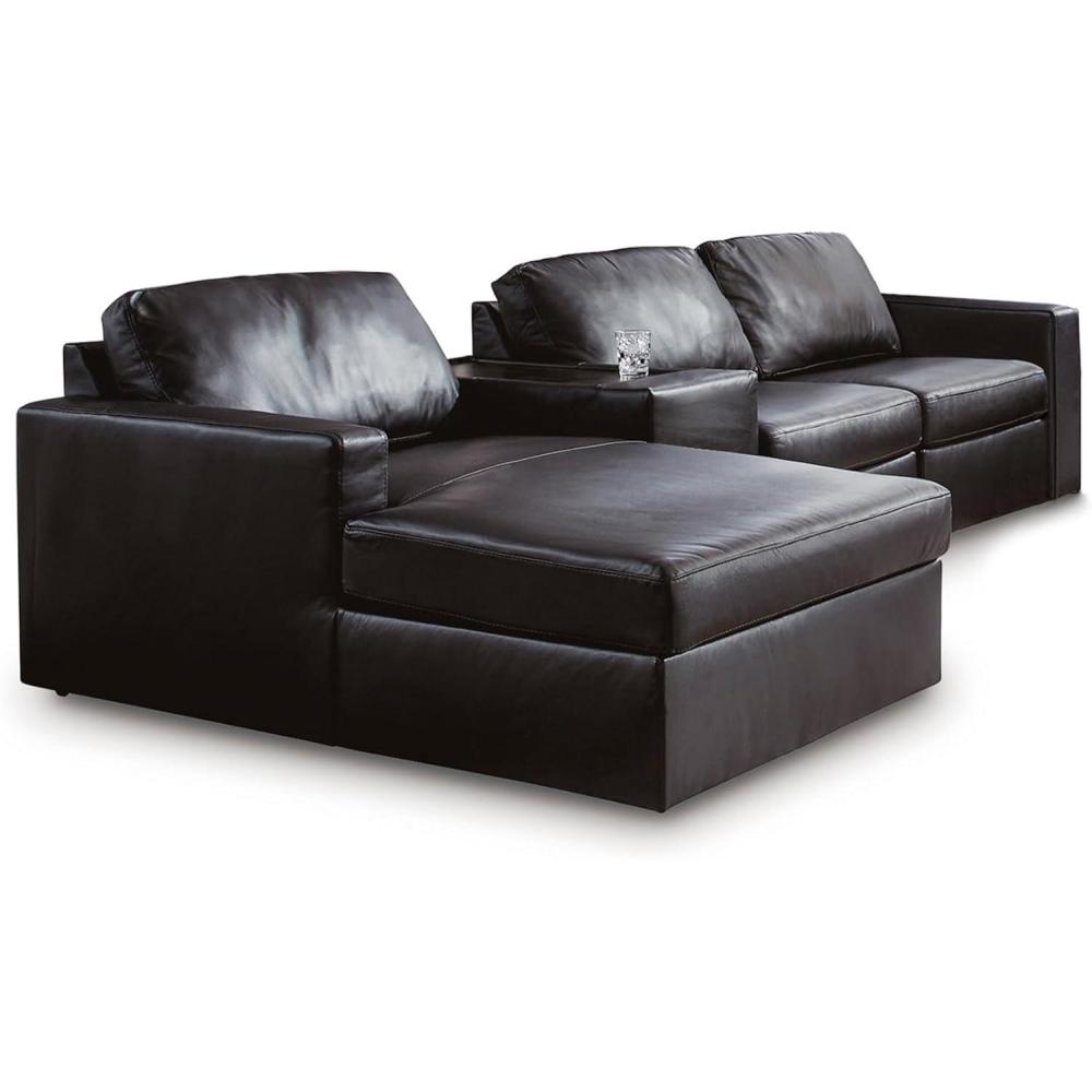 imageSignature Design by Ashley Modmax II Sectional Sofa with Chaise and Storage Console Modular Design Top Grain Leather Sectionals for Living Room Lounging Black