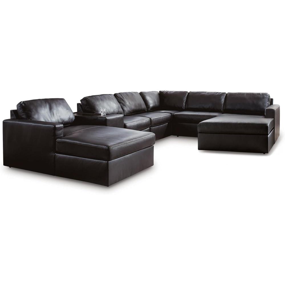 imageSignature Design by Ashley Modmax II Sectional Sofa with Double Chaise and Storage Console Modular Design Living Room Sectionals Top Grain Leather Seating for Everyday Lounging Black