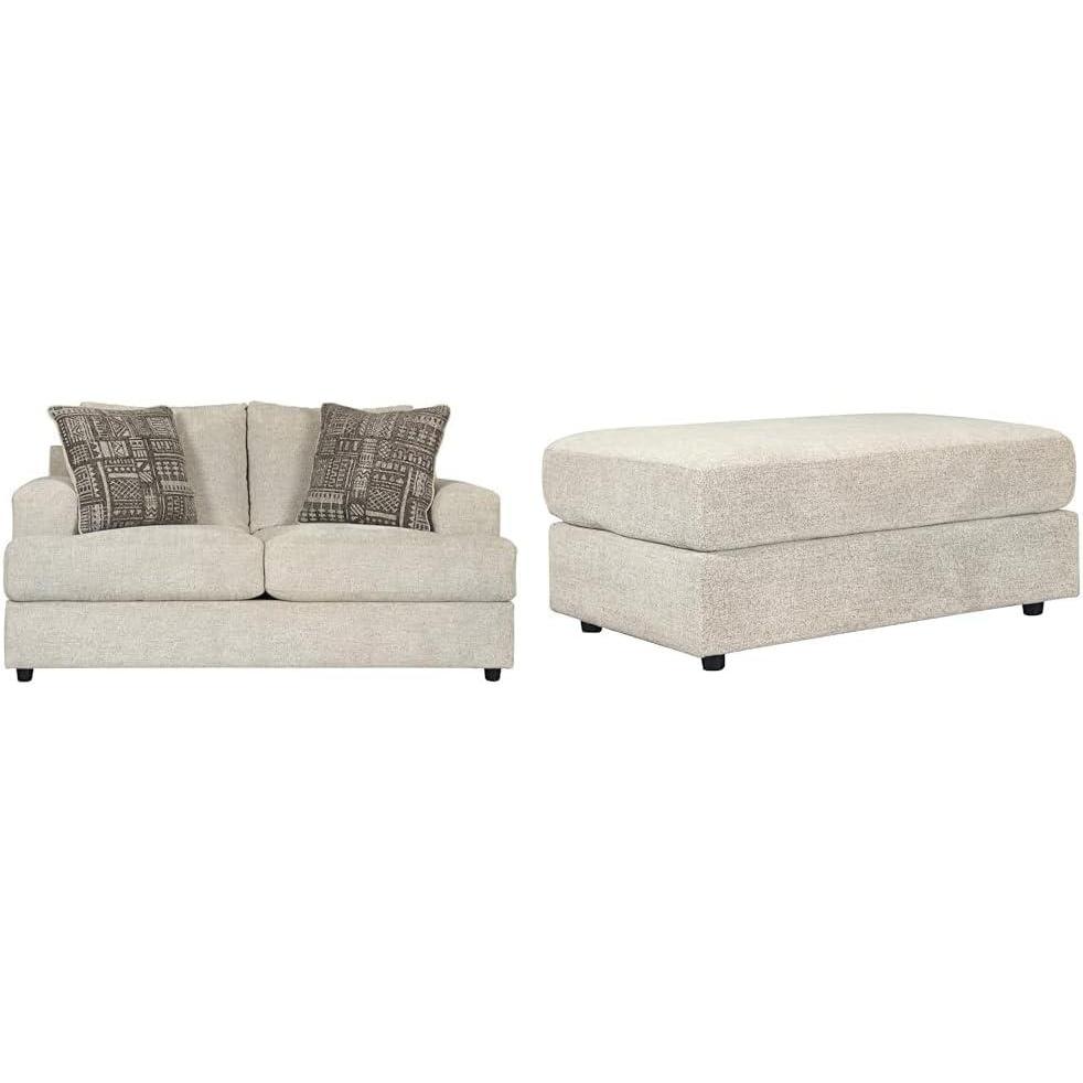 imageSignature Design by Ashley Soletren Contemporary Chenille Loveseat with 2 Accent Pillows OffWhite amp Soletren Contemporary Chenille Oversized Ottoman OffWhite
