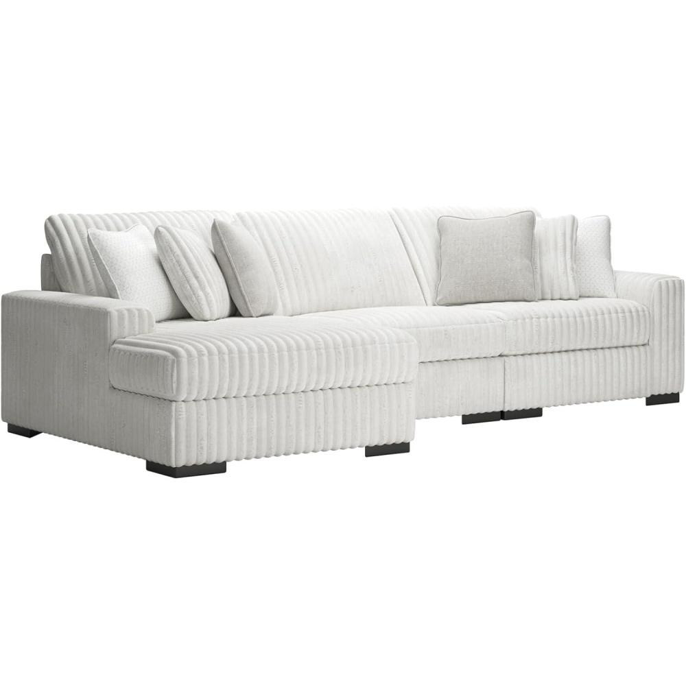 imageSignature Design by Ashley Stupendous Sectional Sofa with Chaise Jumbo Cord Fabric Feather Cushions Modern Living Room Sectional Couch Neutral Apartment Size