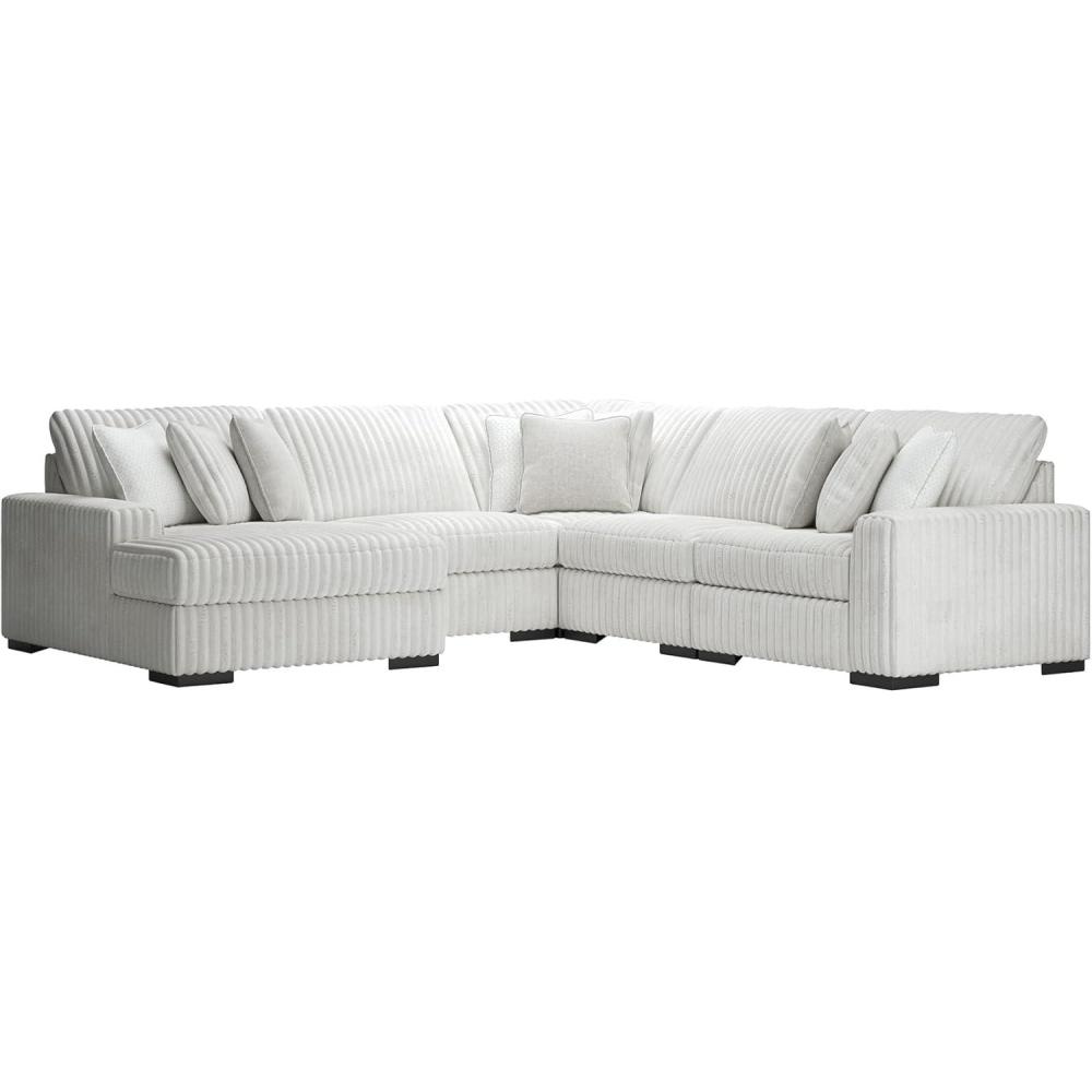 imageSignature Design by Ashley Stupendous Sectional Sofa with Chaise Jumbo Cord Fabric and Feather Cushions Modern Living Room Seating for Relaxed Entertaining Neutral