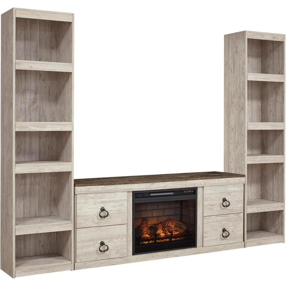 imageSignature Design by Ashley Willowton Entertainment Center with Electric Fireplace Whitewash Finish Storage TV Console with Piers 9425 W Coastal Cottage Living Room
