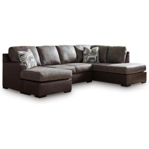Signature Design by Ashley Baltic‑Park Sleeper Sectional Sofa with Chaise, Faux Leather Couch Bed with Queen Memory Foam Mattress for Modern Living Room Lounging, Brown