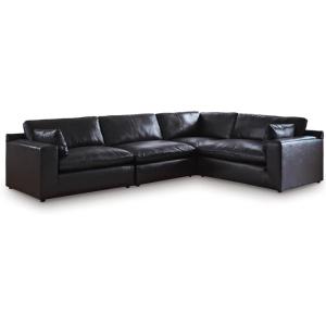 Signature Design by Ashley Emilia Sectional Sofa, Modular Leather Couch with Feather Cushions, Contemporary Living Room Seating with Floating Pieces, 130″ W x 90″ D x 36″ H