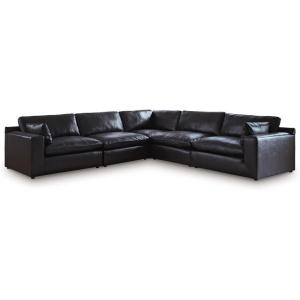 Signature Design by Ashley Emilia Sectional Sofa, Modular Leather Couch with Feather Cushions and Floating Design, Contemporary Living Room Sectionals, Warm Brown