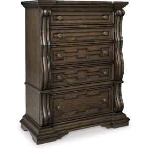 Signature Design by Ashley Maylee Traditional Chest with 5 Smooth-Gliding Drawers, Felt Lined Top Drawer, Goldtone Handles, Wood, Dark Brown Finish, 43.5′ W