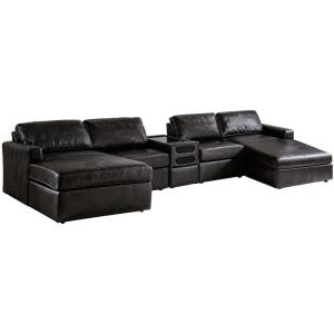 Signature Design by Ashley Modmax II Double Chaise Sectional Sofa, Modular Design, Audio Console, Top Grain Leather Seating, Contemporary Living Room Sectionals for Entertainment, Black
