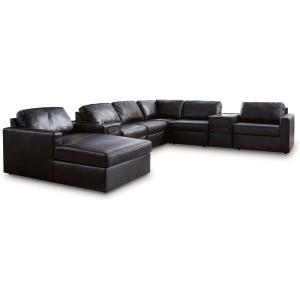 Signature Design by Ashley Modmax II Sectional Sofa with Chaise and Audio Consoles, Modular Design, Top Grain Leather Seating, Sectionals for Living Room Entertainment, Black