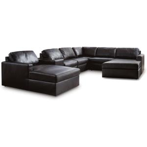 Signature Design by Ashley Modmax II Sectional Sofa with Double Chaise and Storage Console, Modular Design, Living Room Sectionals, Top Grain Leather Seating for Everyday Lounging, Black