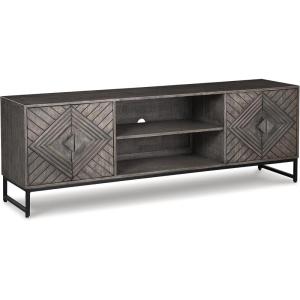 Signature Design by Ashley Treybrook Accent Cabinets, Art Deco Credenza Cabinet Doors with Metal Base, Storage for Living Room Or Office, 71″ W, Distressed Gray