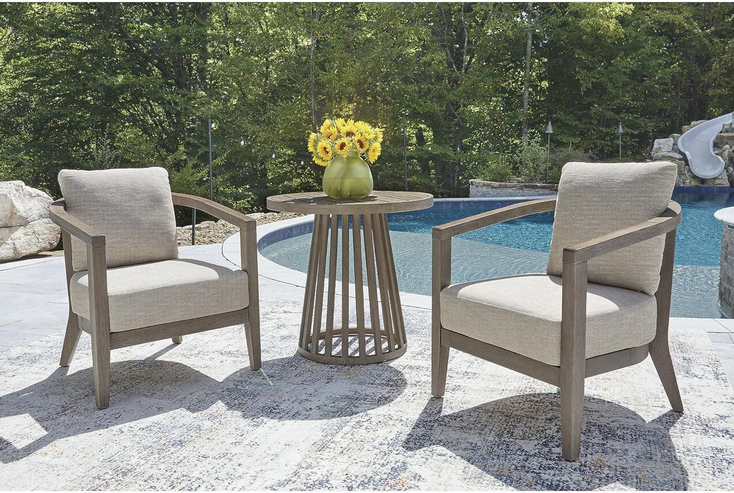 imageSignature Design by Ashley Cool Days Contemporary UV Resistant Outdoor Chairs with Cushions and Table Set Set of 3 Beige amp Dark Brown