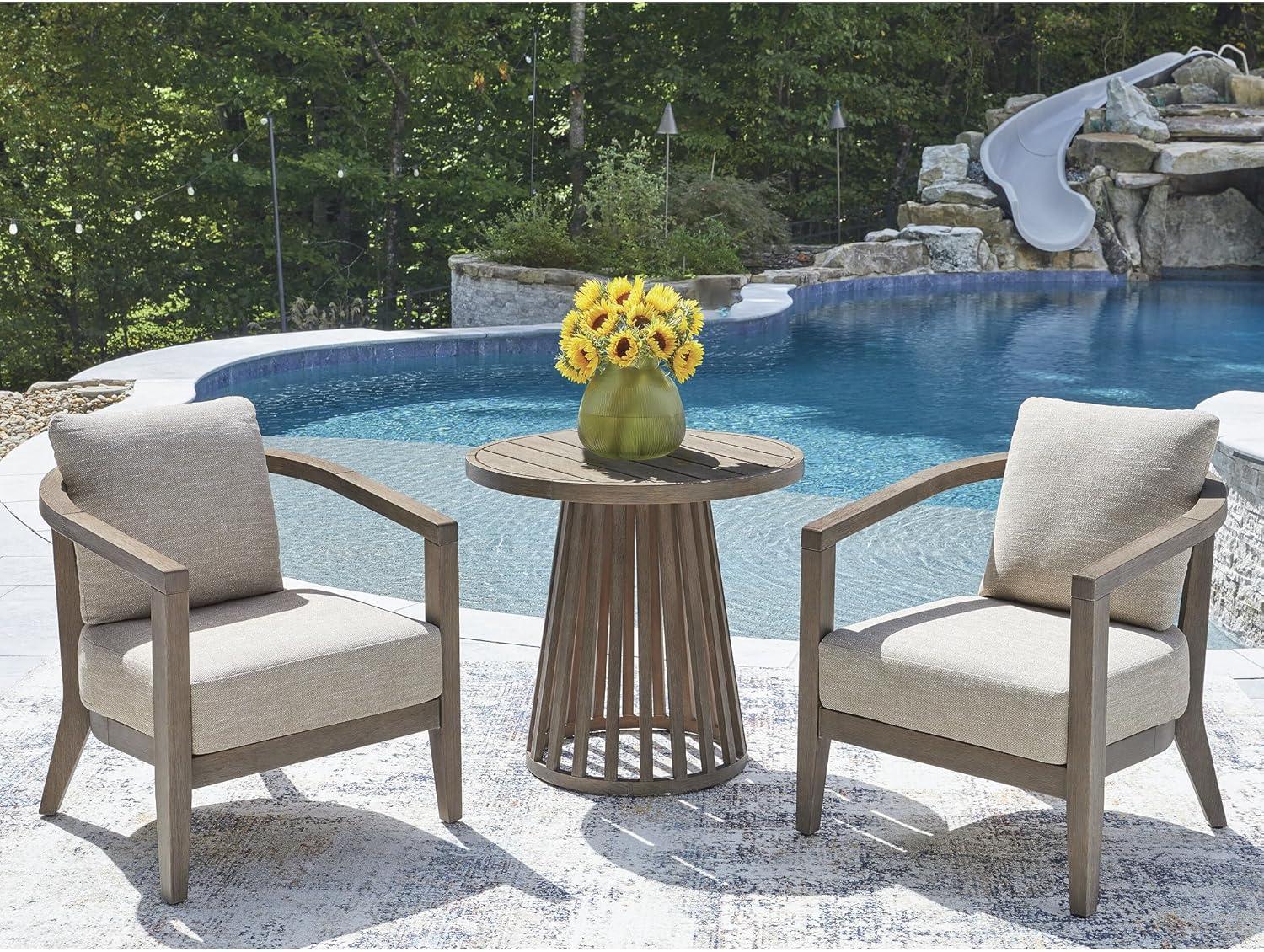 imageSignature Design by Ashley Cool Days Contemporary UV Resistant Outdoor Chairs with Cushions and Table Set Set of 3 Beige amp Dark Brown