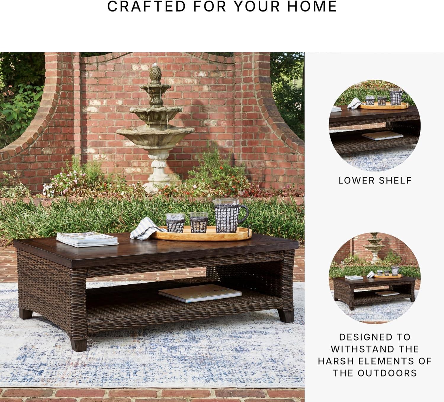 imageSignature Design by Ashley Drakes Beach Outdoor Coffee Table Resin Wicker with Aluminum Frame and WoodLook Finish for Patio Deck and Poolside Seating 48 x 30