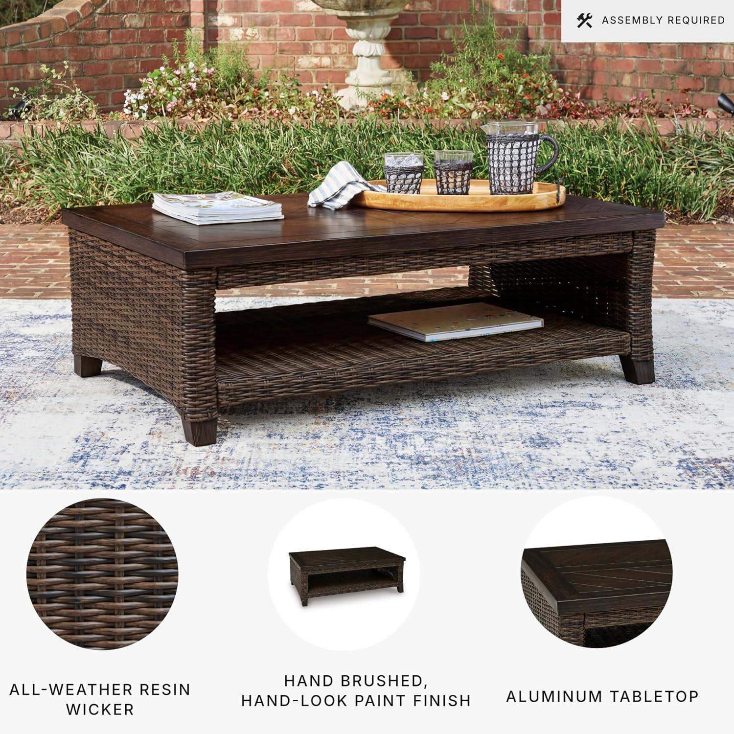 imageSignature Design by Ashley Drakes Beach Outdoor Coffee Table Resin Wicker with Aluminum Frame and WoodLook Finish for Patio Deck and Poolside Seating 48 x 30