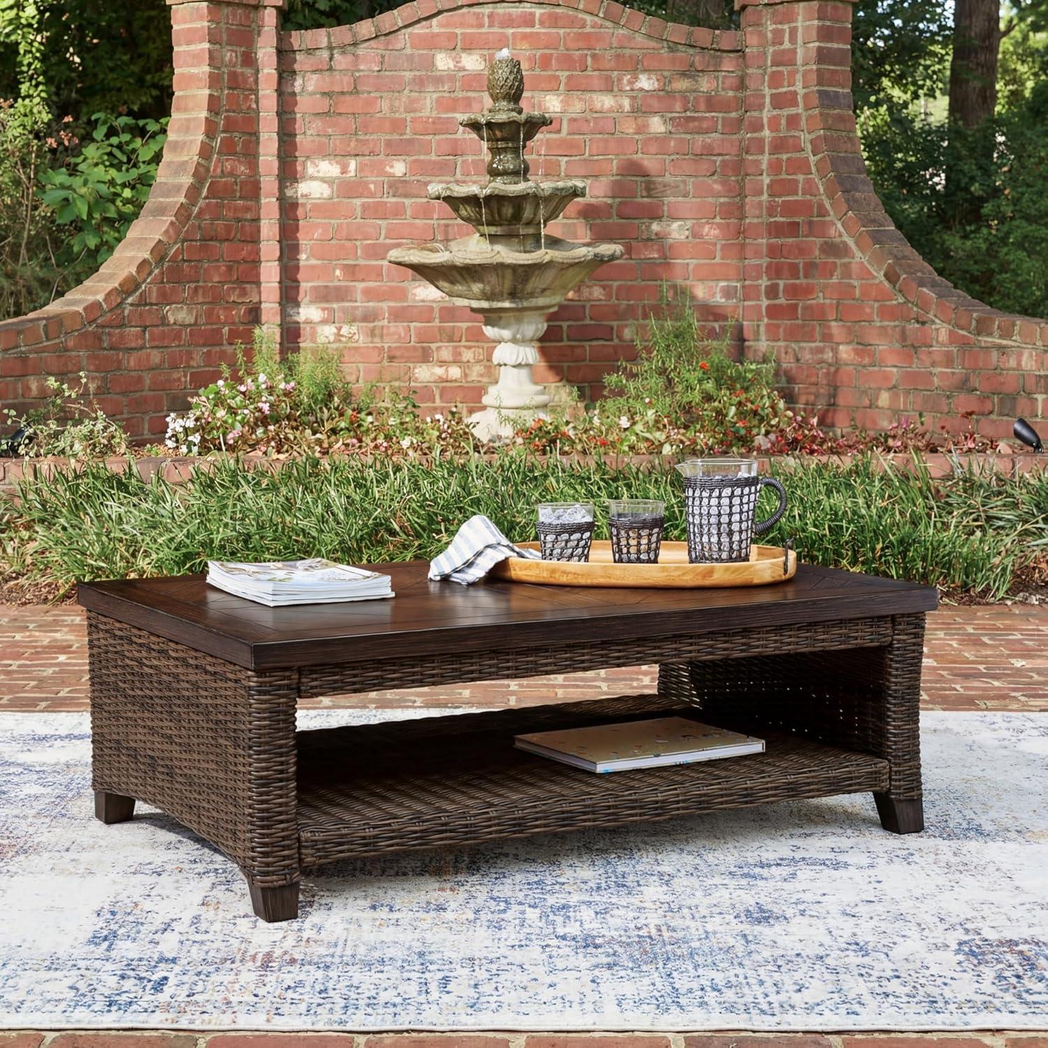 imageSignature Design by Ashley Drakes Beach Outdoor Coffee Table Resin Wicker with Aluminum Frame and WoodLook Finish for Patio Deck and Poolside Seating 48 x 30
