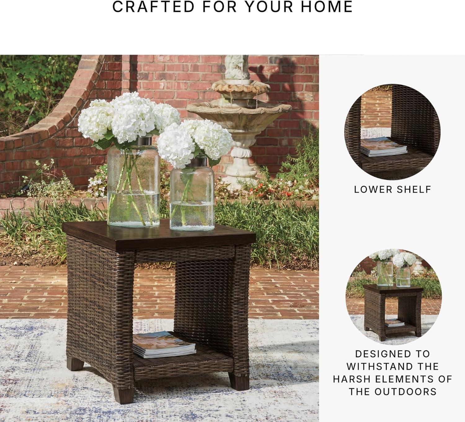 imageSignature Design by Ashley Drakes Beach Outside End Table Resin Wicker with Aluminum Frame and WoodLook Finish Small Outdoor Table with Lower Shelf for Patio Deck or Poolside