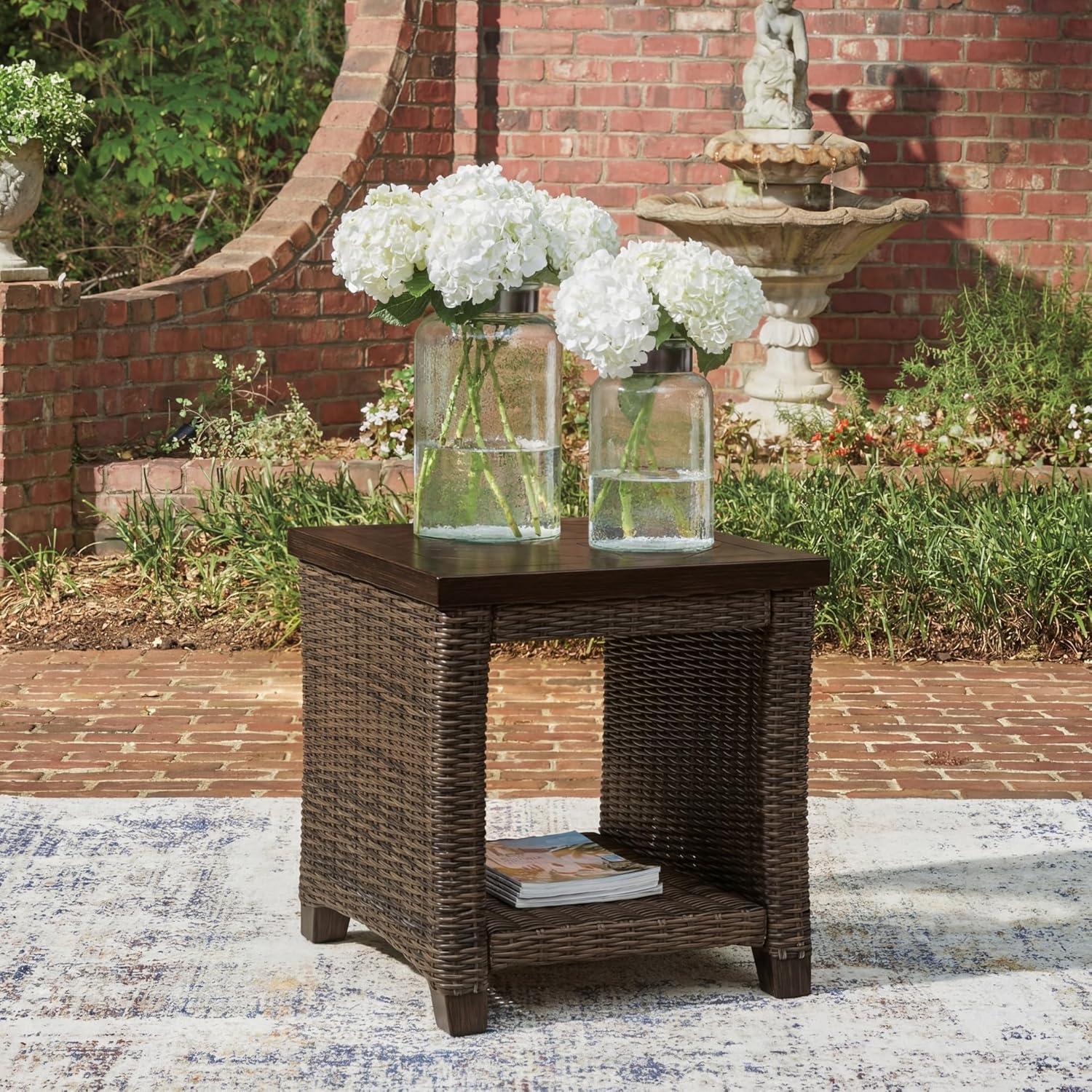 imageSignature Design by Ashley Drakes Beach Outside End Table Resin Wicker with Aluminum Frame and WoodLook Finish Small Outdoor Table with Lower Shelf for Patio Deck or Poolside
