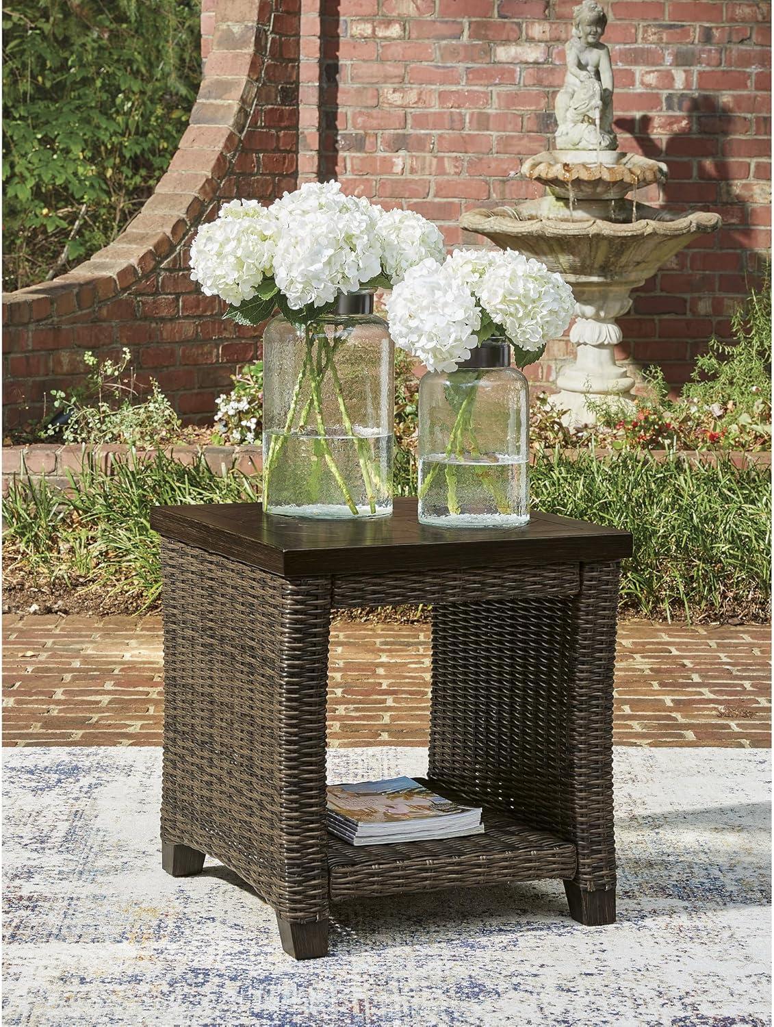 imageSignature Design by Ashley Drakes Beach Outside End Table Resin Wicker with Aluminum Frame and WoodLook Finish Small Outdoor Table with Lower Shelf for Patio Deck or Poolside