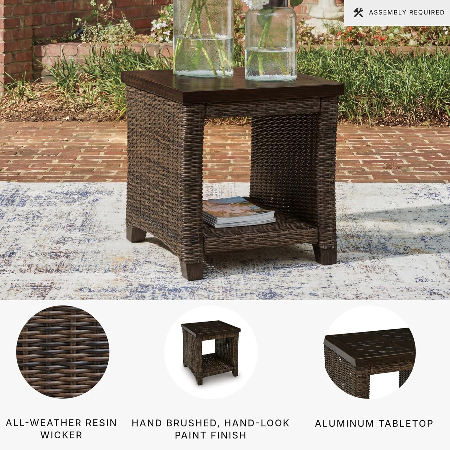 imageSignature Design by Ashley Drakes Beach Outside End Table Resin Wicker with Aluminum Frame and WoodLook Finish Small Outdoor Table with Lower Shelf for Patio Deck or Poolside