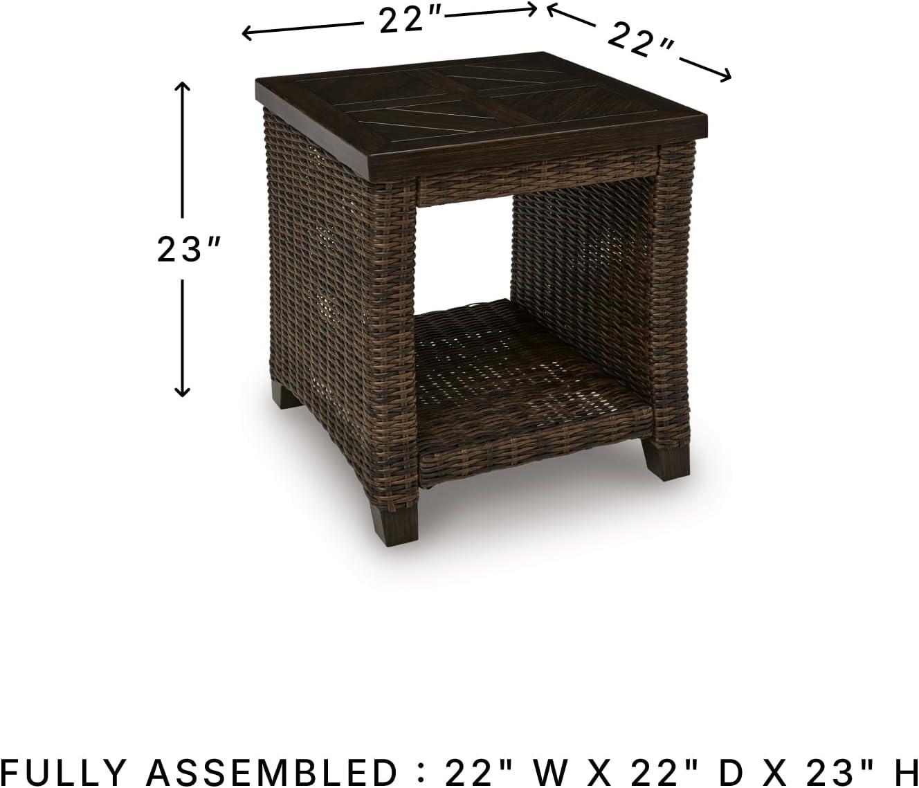 imageSignature Design by Ashley Drakes Beach Outside End Table Resin Wicker with Aluminum Frame and WoodLook Finish Small Outdoor Table with Lower Shelf for Patio Deck or Poolside