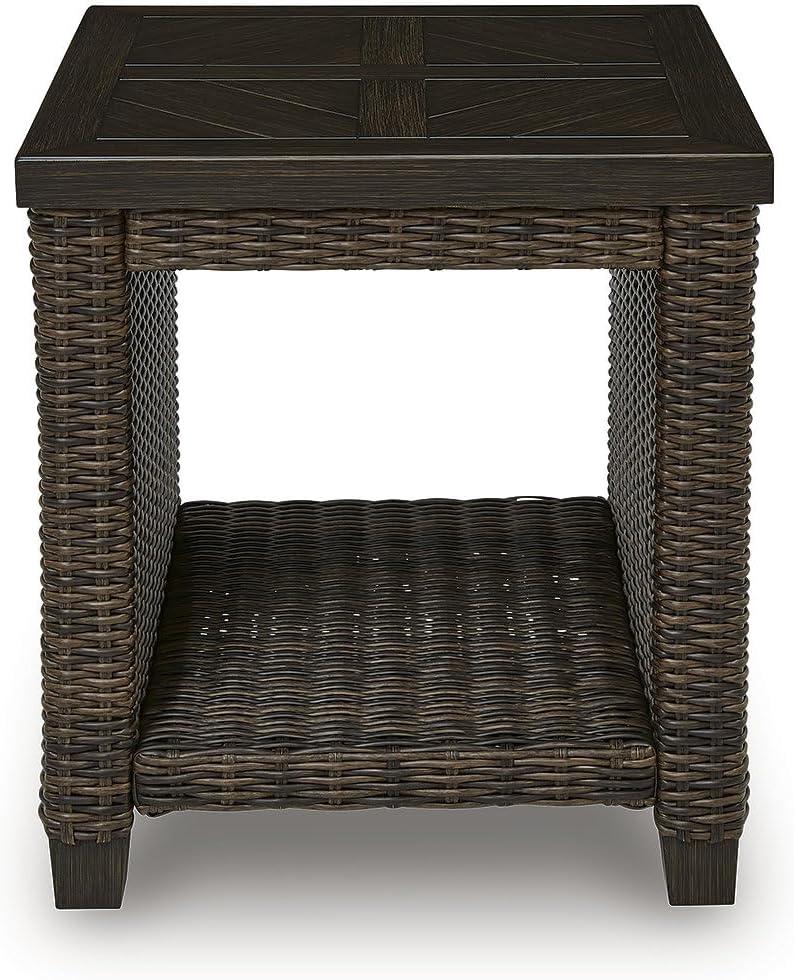 imageSignature Design by Ashley Drakes Beach Outside End Table Resin Wicker with Aluminum Frame and WoodLook Finish Small Outdoor Table with Lower Shelf for Patio Deck or Poolside