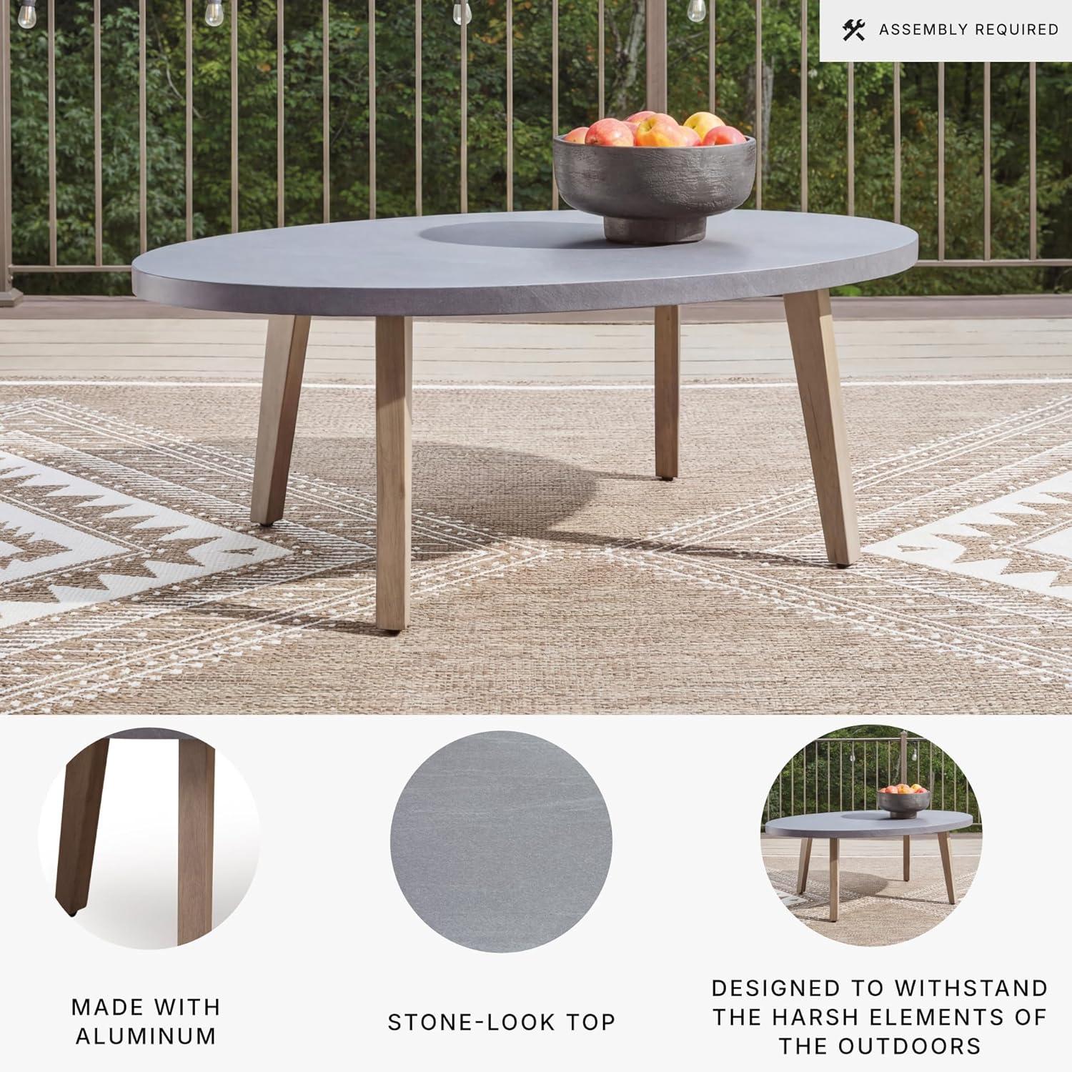 imageSignature Design by Ashley Francis Beach Outdoor Coffee Table WoodLook Aluminum Frame with StoneLook Top WeatherReady Outside Patio Table for Deck or Poolside 48 W x 30 D x 18 H