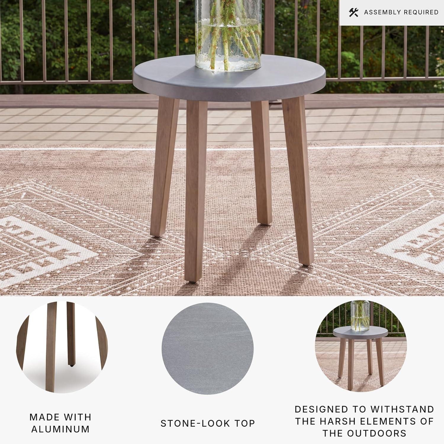 imageSignature Design by Ashley Francis Beach Small Outdoor Table WoodLook Aluminum Frame with StoneLook Top for Outside Patio Deck or Poolside Seating Areas