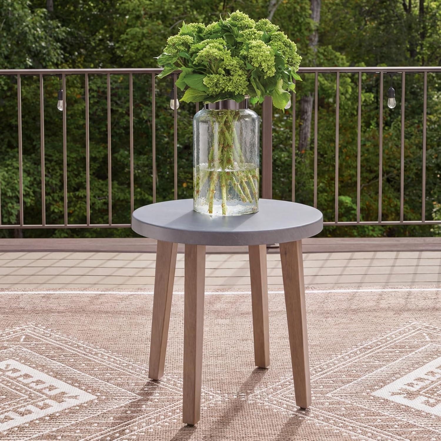imageSignature Design by Ashley Francis Beach Small Outdoor Table WoodLook Aluminum Frame with StoneLook Top for Outside Patio Deck or Poolside Seating Areas