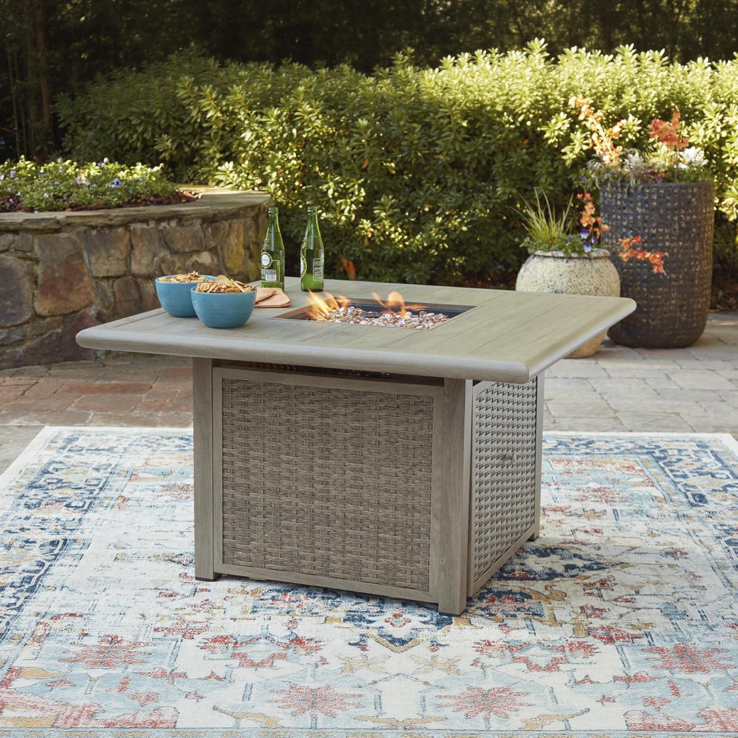 imageSignature Design by Ashley Haven Retreat Casual Weather Resistant Outdoor Fire Pit Table with 50000 BTU Burner Beige