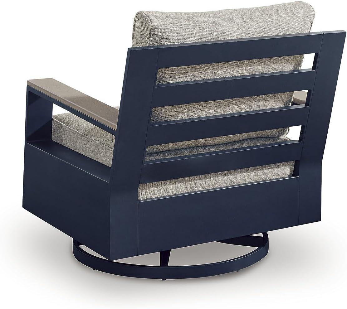 imageSignature Design by Ashley Mabry Shores Outdoor Lounge Chair 360Degree Swivel Glider Nuvella Blue Cushions WoodLook HDPE Arms Patio Deck or Porch