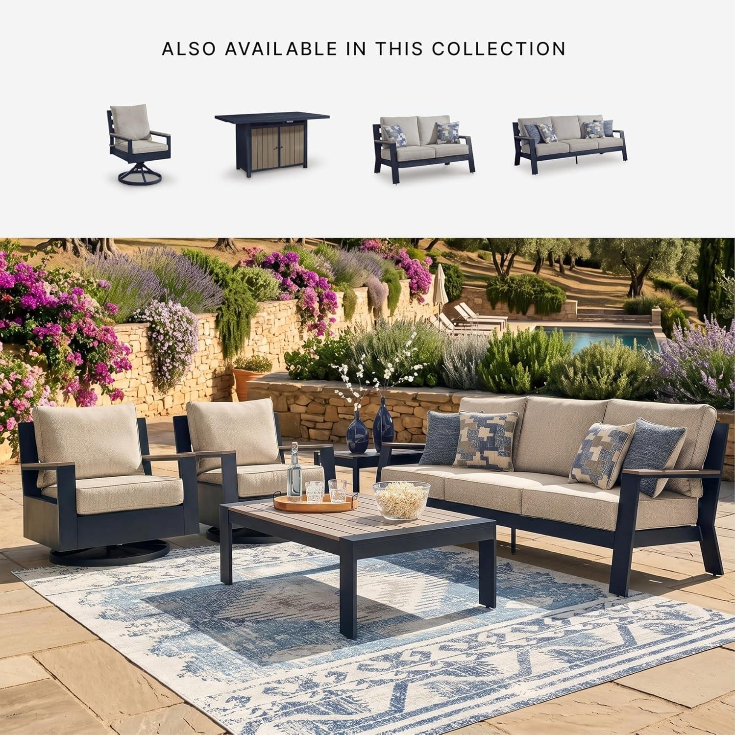 imageSignature Design by Ashley Mabry Shores Outdoor Lounge Chair 360Degree Swivel Glider Nuvella Blue Cushions WoodLook HDPE Arms Patio Deck or Porch