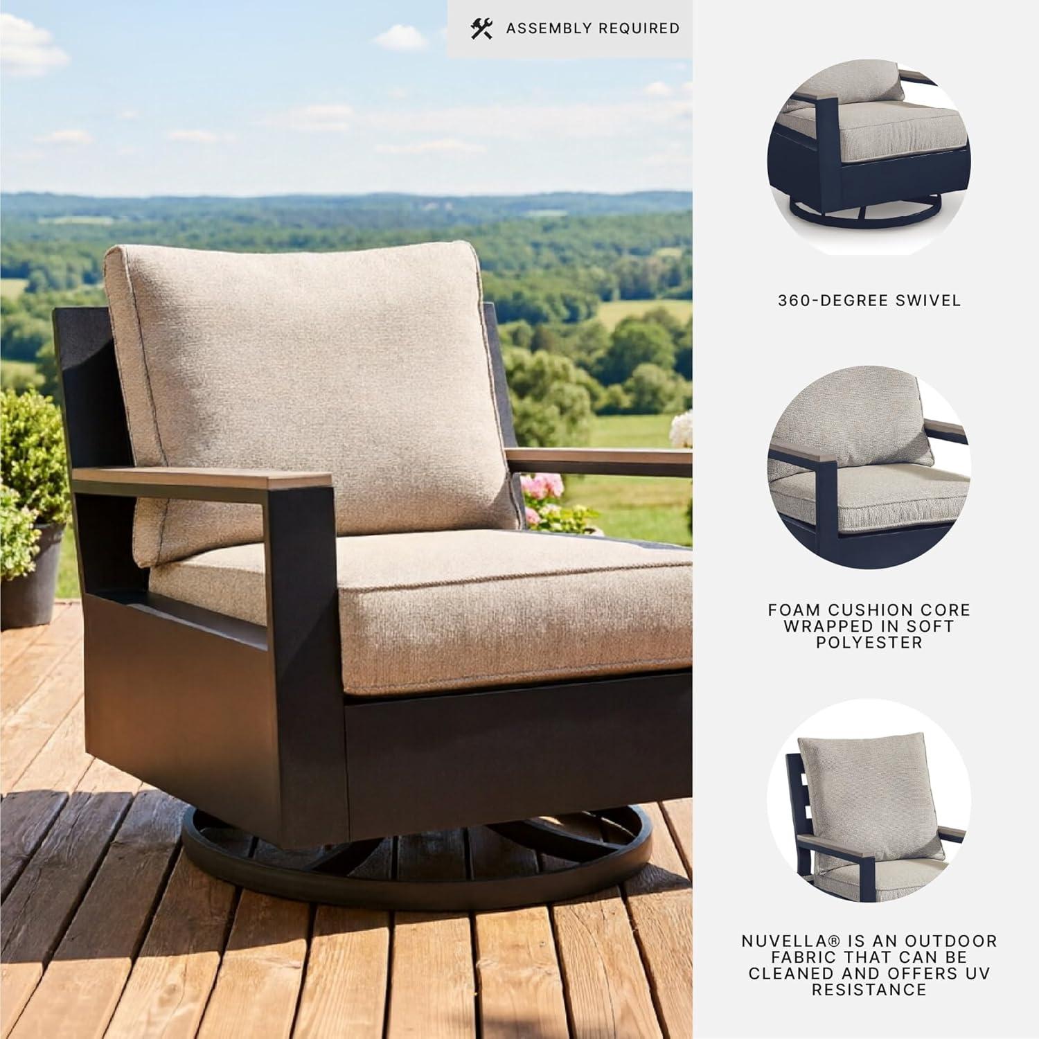 imageSignature Design by Ashley Mabry Shores Outdoor Lounge Chair 360Degree Swivel Glider Nuvella Blue Cushions WoodLook HDPE Arms Patio Deck or Porch