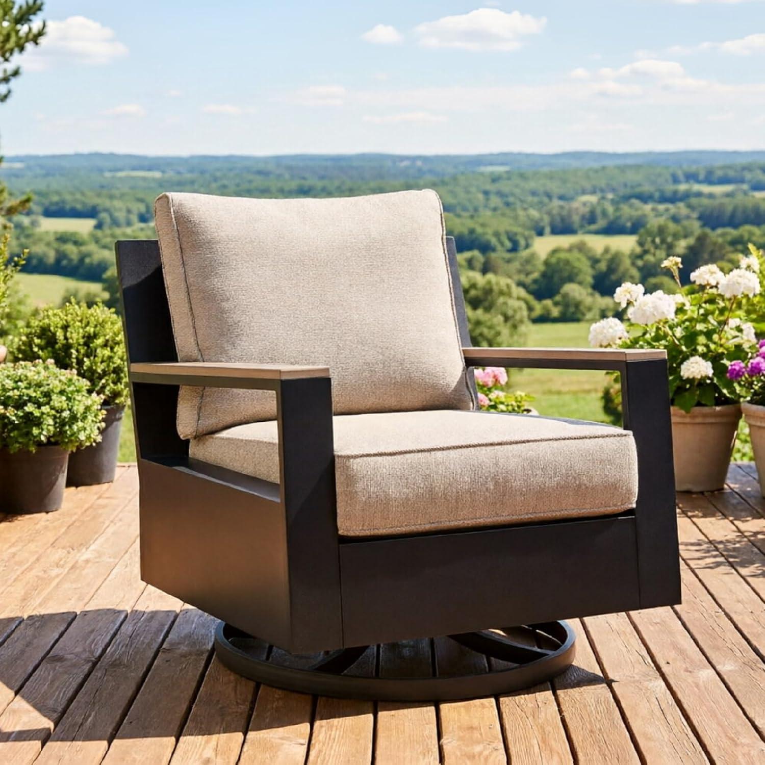 imageSignature Design by Ashley Mabry Shores Outdoor Lounge Chair 360Degree Swivel Glider Nuvella Blue Cushions WoodLook HDPE Arms Patio Deck or Porch