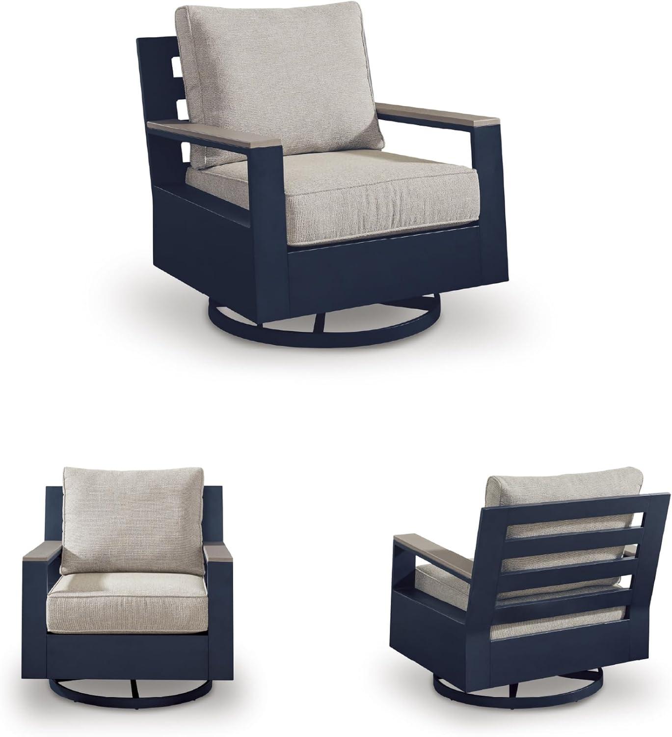 imageSignature Design by Ashley Mabry Shores Outdoor Lounge Chair 360Degree Swivel Glider Nuvella Blue Cushions WoodLook HDPE Arms Patio Deck or Porch