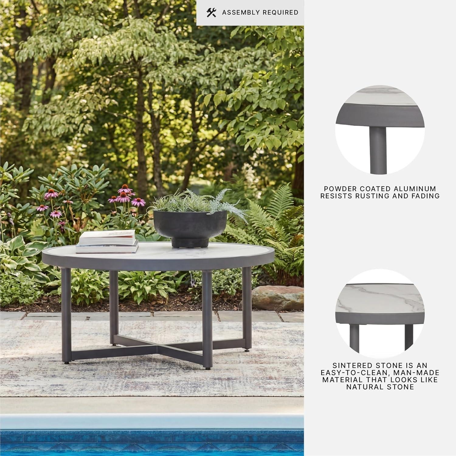 imageSignature Design by Ashley North Island Outdoor Coffee Table Contemporary Patio Table with Marble Look Sintered Stone Top RustResistant Aluminum for Porch or Patio Gray