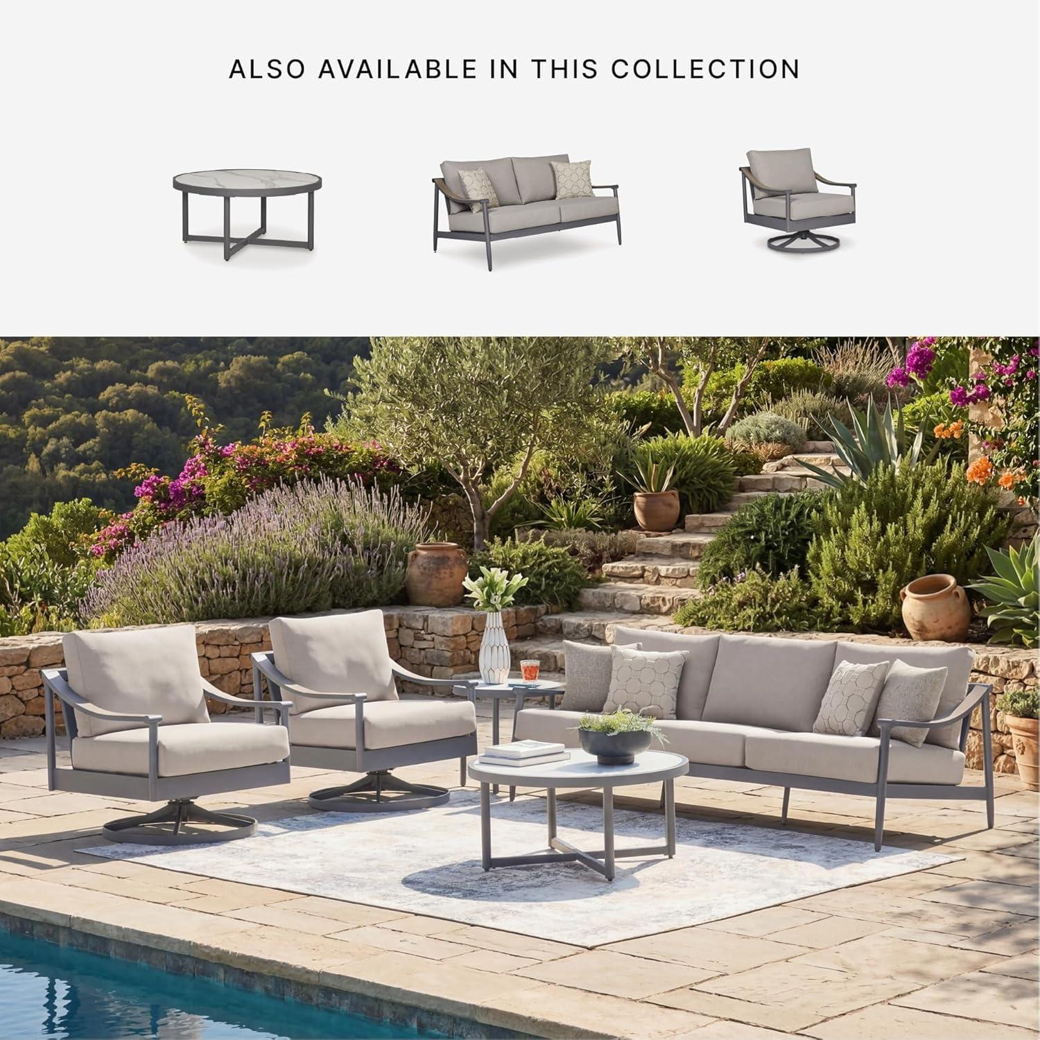 imageSignature Design by Ashley North Island Outdoor Coffee Table Contemporary Patio Table with Marble Look Sintered Stone Top RustResistant Aluminum for Porch or Patio Gray