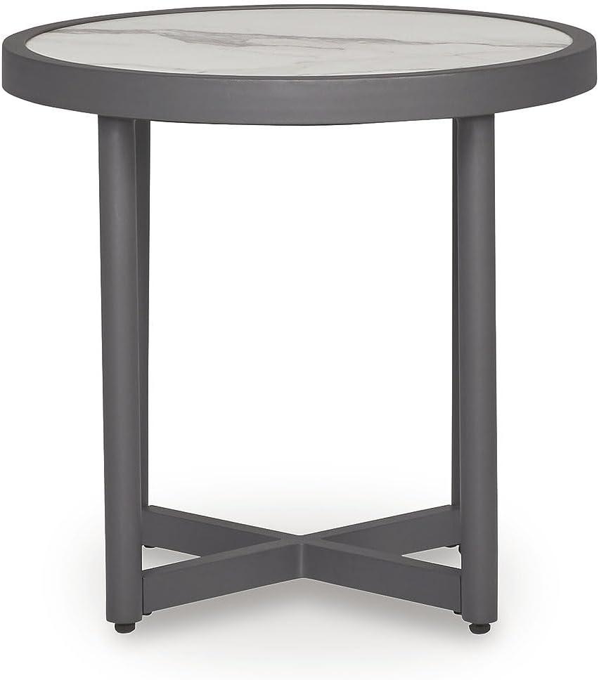 imageSignature Design by Ashley North Island Outdoor Side Table PowderCoated Aluminum MarbleLook Sintered Stone Top for Porch or Patio Seating Accent Gray