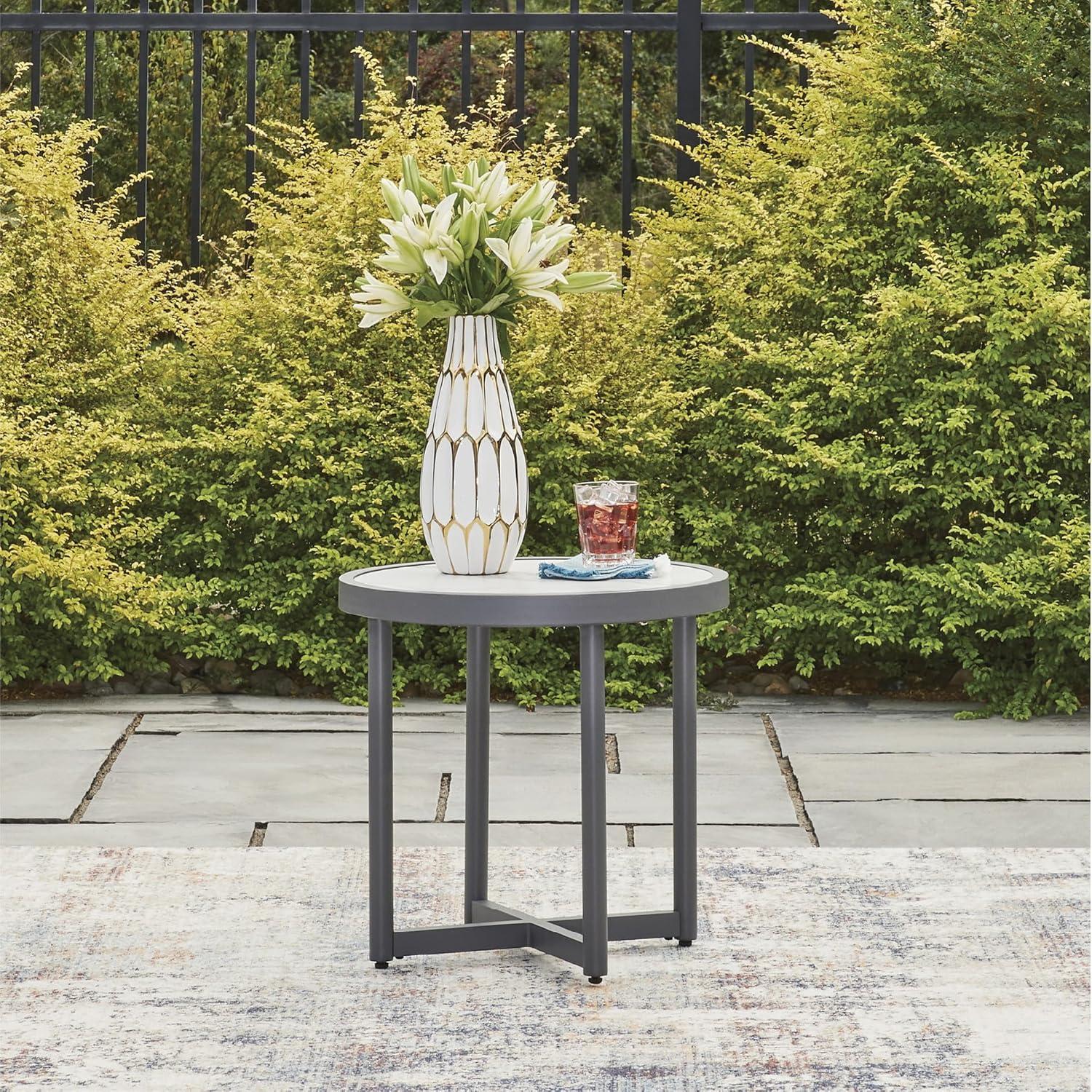 imageSignature Design by Ashley North Island Outdoor Side Table PowderCoated Aluminum MarbleLook Sintered Stone Top for Porch or Patio Seating Accent Gray