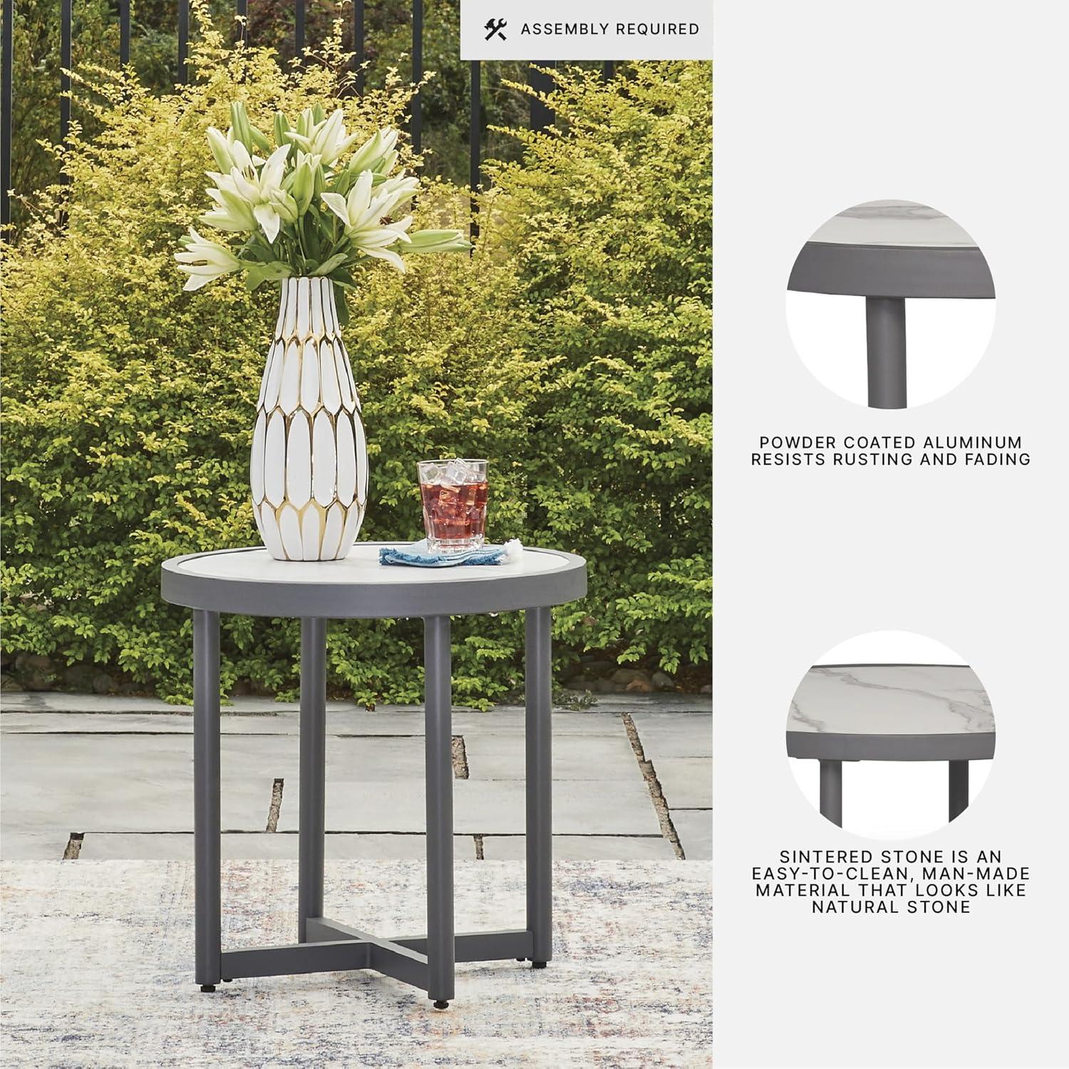 imageSignature Design by Ashley North Island Outdoor Side Table PowderCoated Aluminum MarbleLook Sintered Stone Top for Porch or Patio Seating Accent Gray