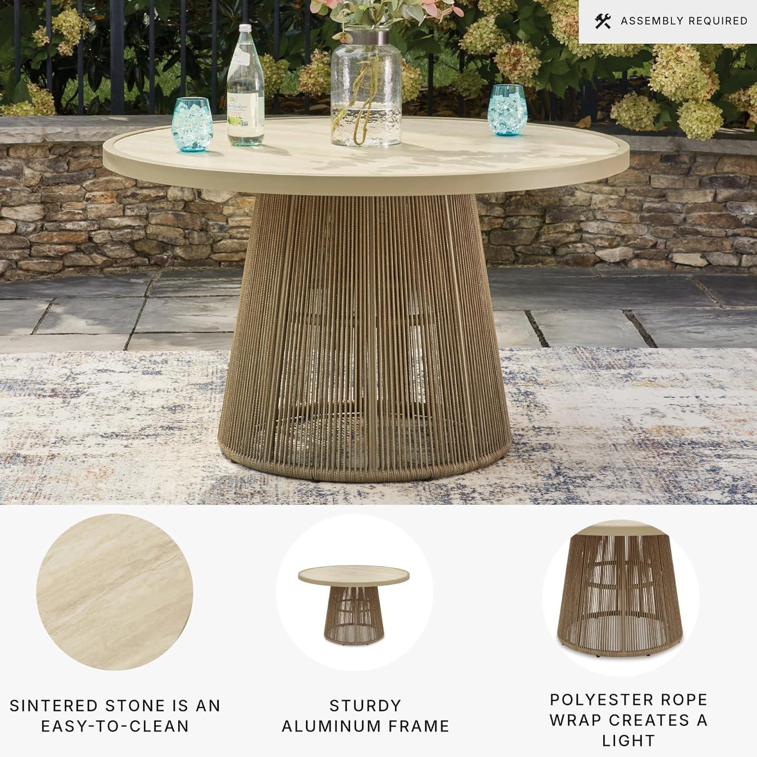imageSignature Design by Ashley Ocean Park Round Outdoor Dining Table with Sintered Stone Top Rope Wrapped Aluminum Base for Patio Backyard and Poolside Beige