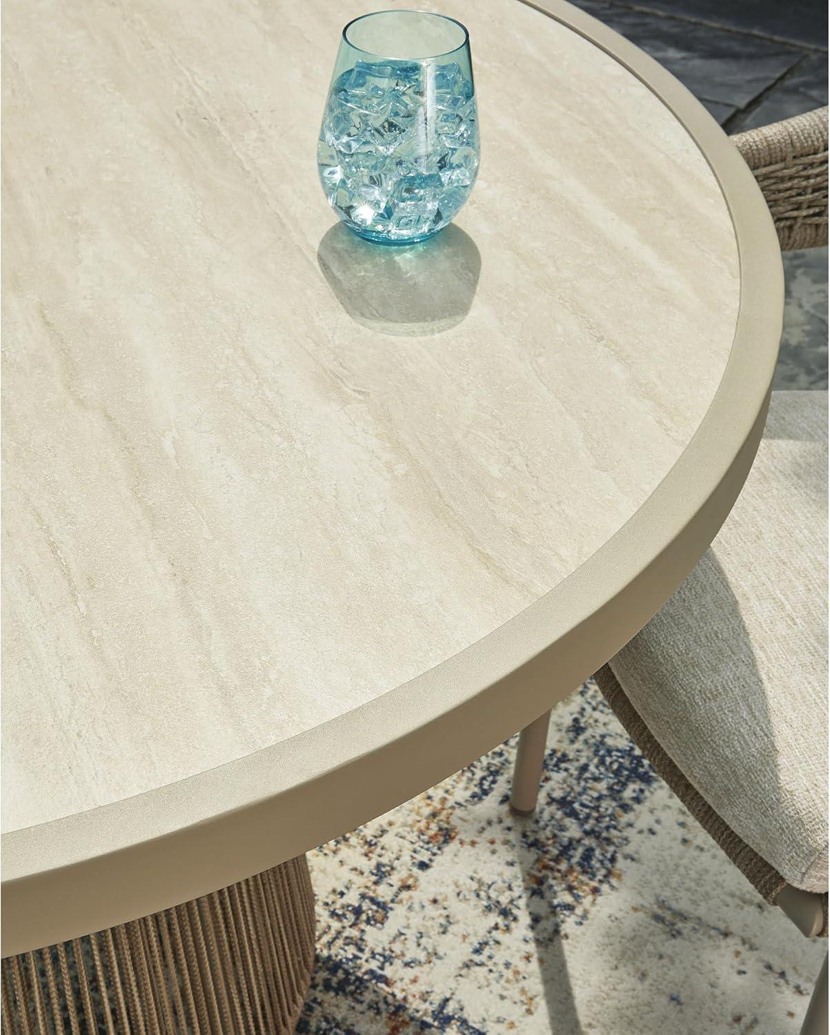 imageSignature Design by Ashley Ocean Park Round Outdoor Dining Table with Sintered Stone Top Rope Wrapped Aluminum Base for Patio Backyard and Poolside Beige