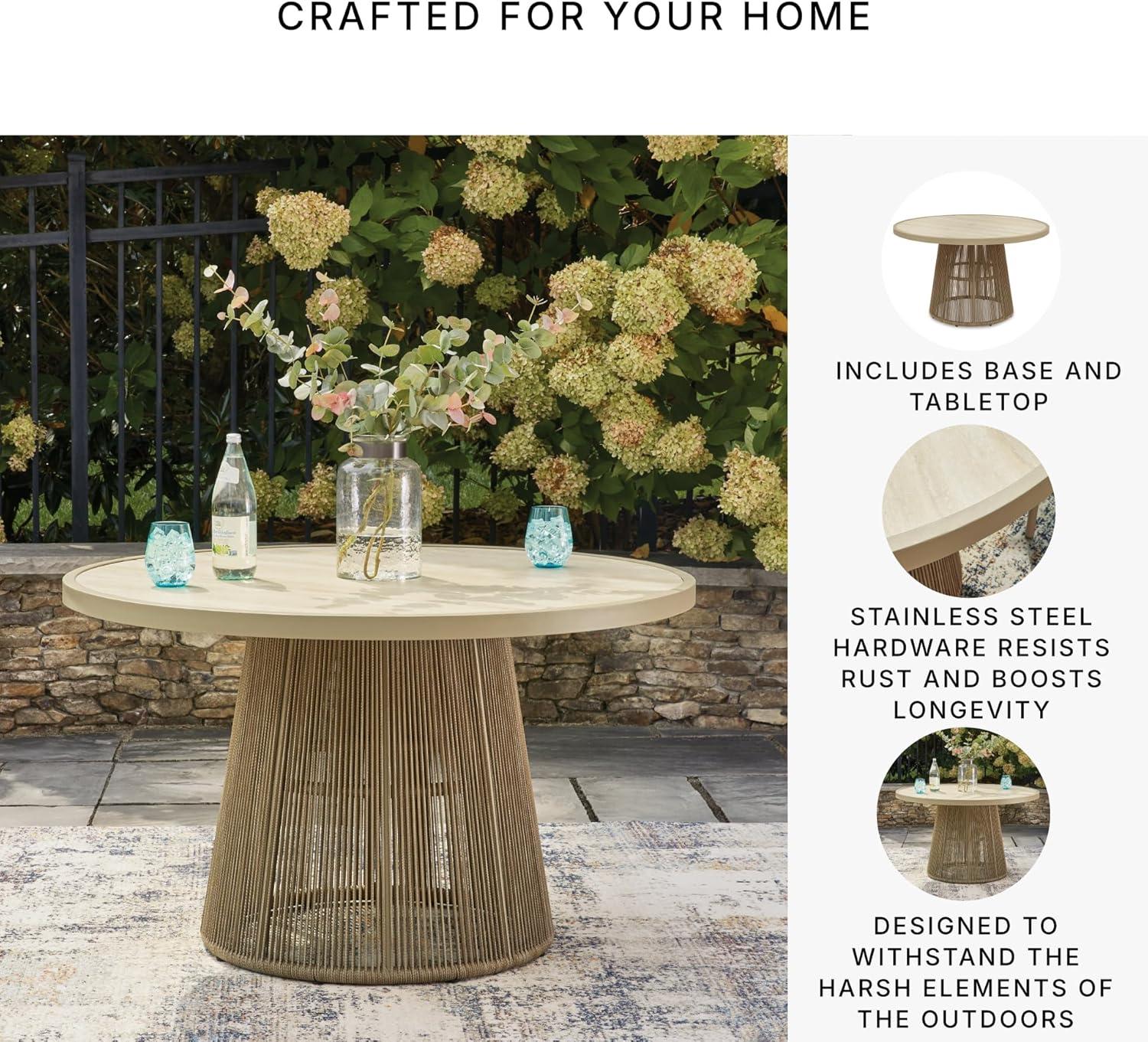 imageSignature Design by Ashley Ocean Park Round Outdoor Dining Table with Sintered Stone Top Rope Wrapped Aluminum Base for Patio Backyard and Poolside Beige