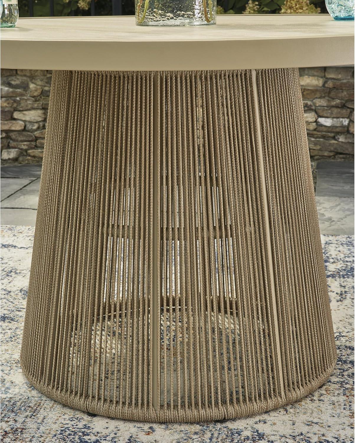 imageSignature Design by Ashley Ocean Park Round Outdoor Dining Table with Sintered Stone Top Rope Wrapped Aluminum Base for Patio Backyard and Poolside Beige